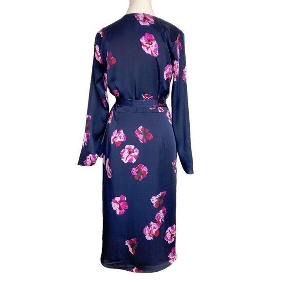 JOIE MILTONA NAVY SATIN PINK FLORAL SHORT SLEEVE WRAP DRESS - XS - Picture 5 of 12